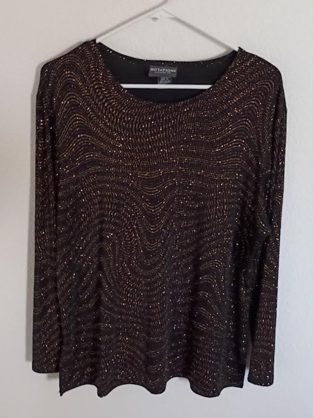 NOTATIONS WOMEN'S TOP BLACK GOLD BROWN GLITTER SPARKLE LONG SLEEVE PARTY SIZE XL